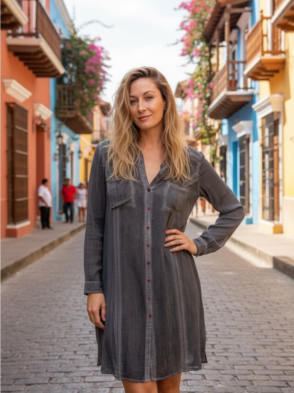 Soft Surroundings Washed Charcoal Long-Sleeve Shirt Dress
